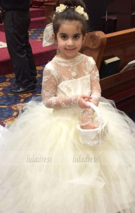 Floor Length Flower Girl Dresses Children Birthday Dress Sheer Long Sleeve Lace Kids Wedding Party Dresses