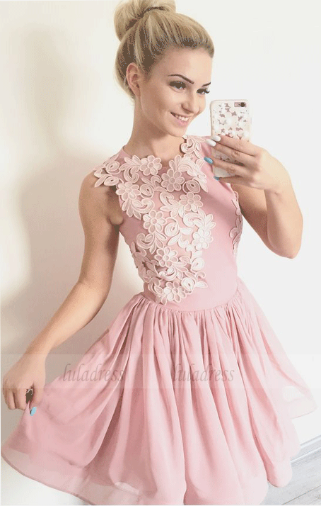 A-Line Crew Above-Knee Blush Organza Homecoming Dress with Appliques