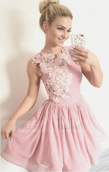 A-Line Crew Above-Knee Blush Organza Homecoming Dress with Appliques,BD99711