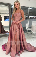 A-Line Spaghetti Straps Backless Sweep Train Rose Pink Prom Dress with Pleats