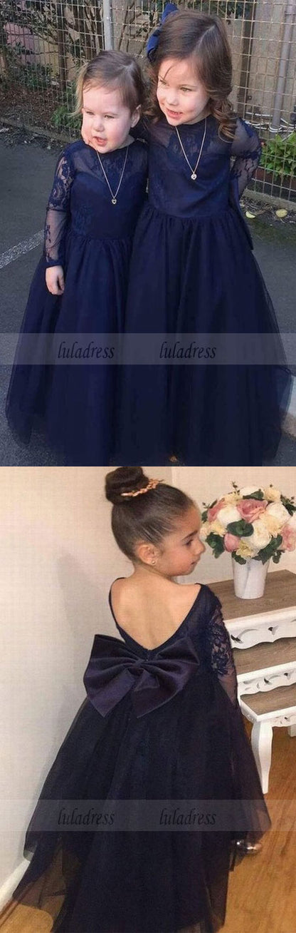Lovely Dark Navy Tulle Backless Flower Girl Dresses with Long Lace Sleeves