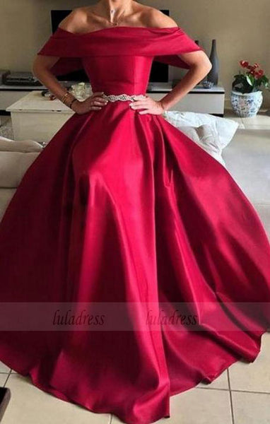 A-line Strapless Short Sleeves Sweep Train Burgundy Satin Prom Dress with Beading,BD98972