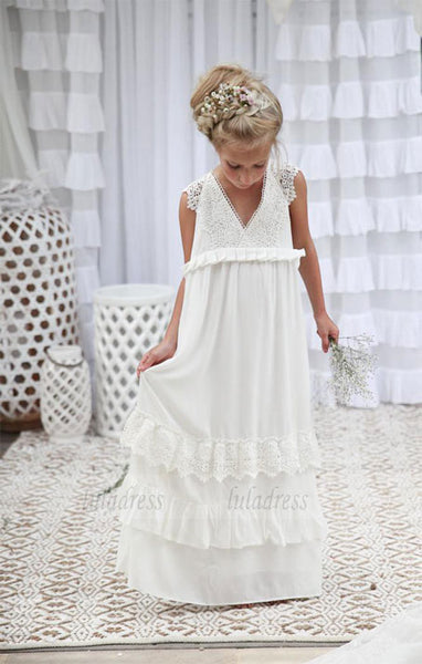 V-neck Long Lace Chiffon Flower Girl Dresses,BD99877