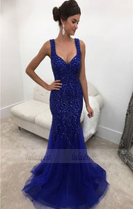 Backless Long Crystal Beaded Mermaid Prom Dress,BD98515