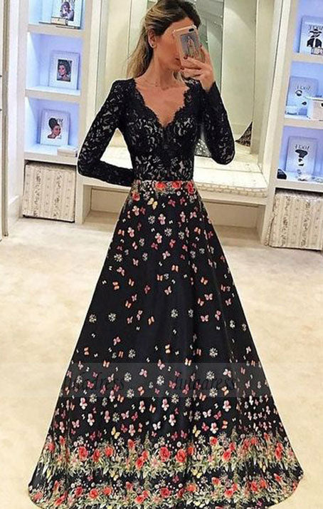 A-Line V-Neck Long Sleeves Floral Black Satin Prom Dress with Lace,BD98773