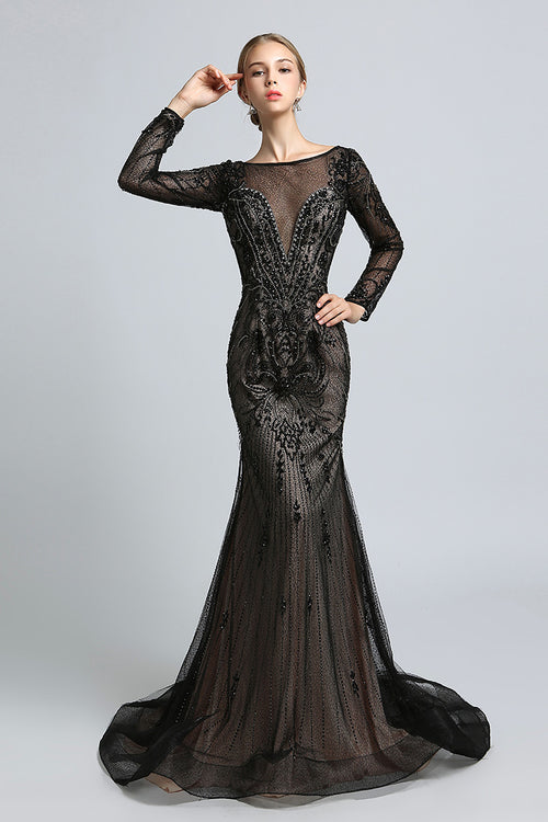 Black Sexy Mermaid Long Sleeves Beaded Evening Dress Formal Prom Dress   luladress