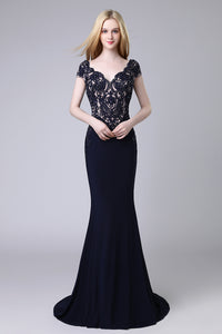 Charming Formal Black Short Sleeves Mermaid Long Evening Dress, LX454