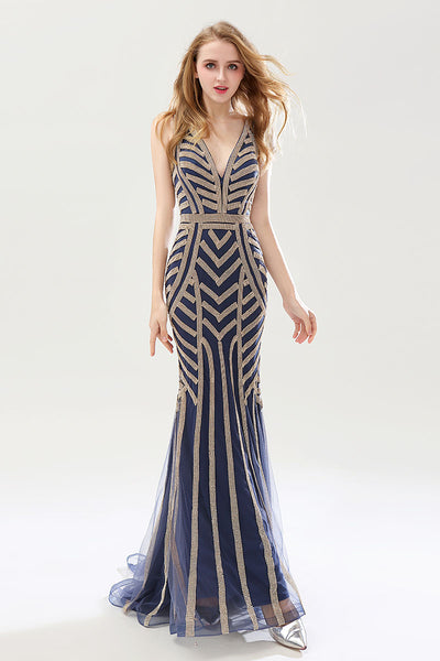 Formal Beaded V-neck Mermaid Long Evening Dress, LX476