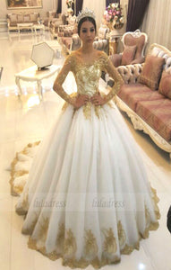 Gold Lace Appliques White Tulle Long Sleeves Bridal Ball Gown Wedding Dresses,BD99826