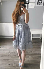 A-Line Spaghetti Straps Knee-Length Blue Lace Homecoming Dresses