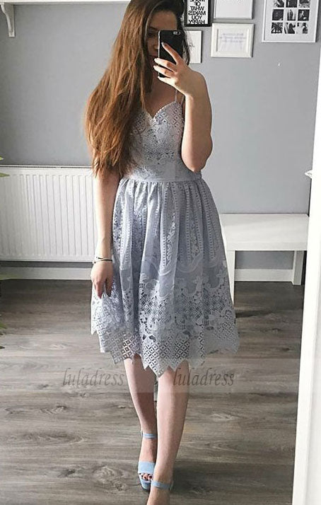 A-Line Spaghetti Straps Knee-Length Blue Lace Homecoming Dresses