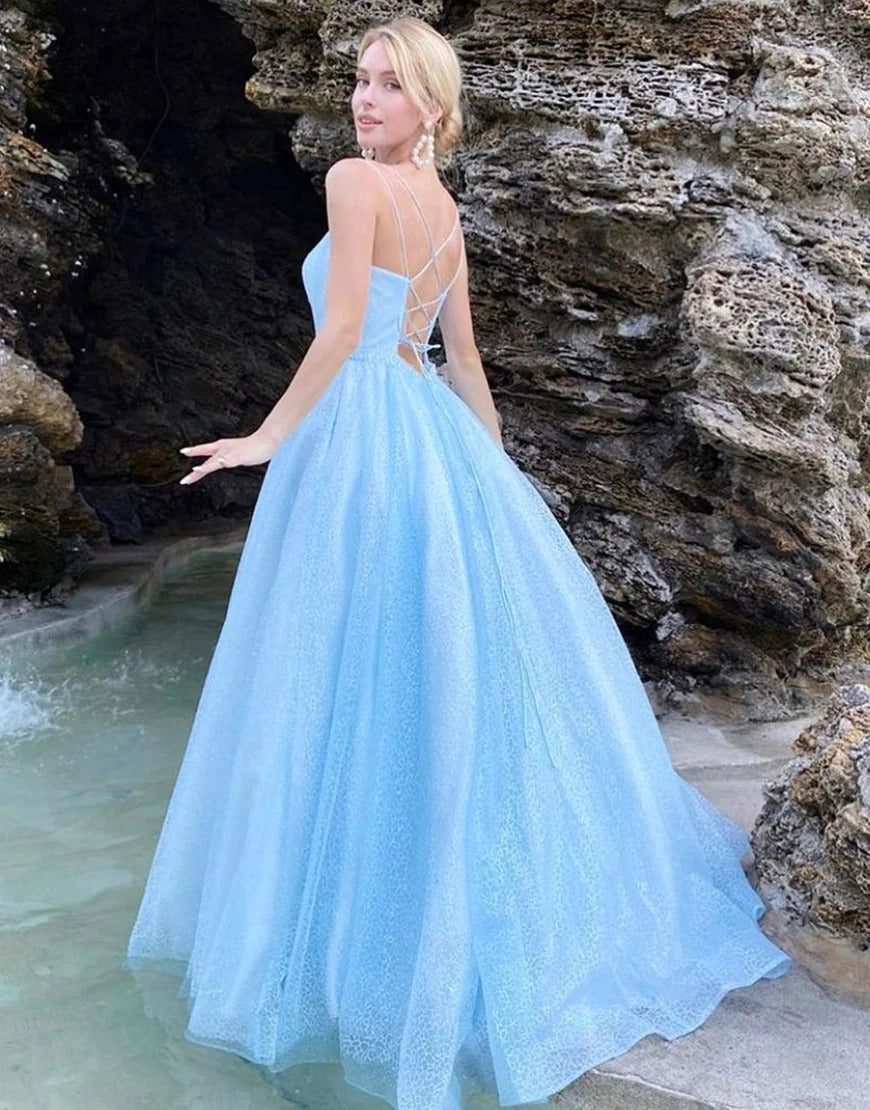 Blue Spaghetti Strap Tulle Long Prom Dresses, A-Line Sequins Graduation Dresses US 12 / Blue Blue Spaghetti Strap Tulle Long Prom Dresses, A-Line Sequins Graduation Dresses US 12 / Blue