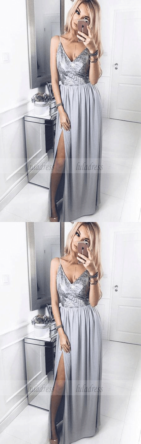 A-Line Spaghetti Straps Floor-Length Prom Dress with Sequins Split