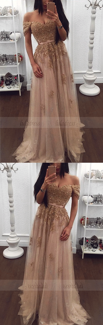 Beaded Sweetheart Tulle Prom Dresses Off-the-shoulder Evening Gowns