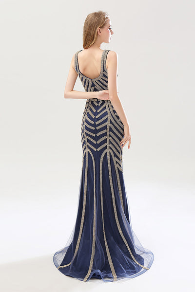 Formal Beaded V-neck Mermaid Long Evening Dress, LX476