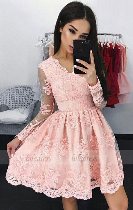 A-Line V-Neck Long Sleeves Short Pink Homecoming Dress with Appliques,BD99482