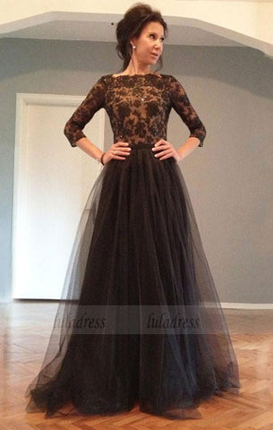 A-line/Princess 3/4 Sleeves Beading Long Lace Tulle Prom Dresses,BD99876