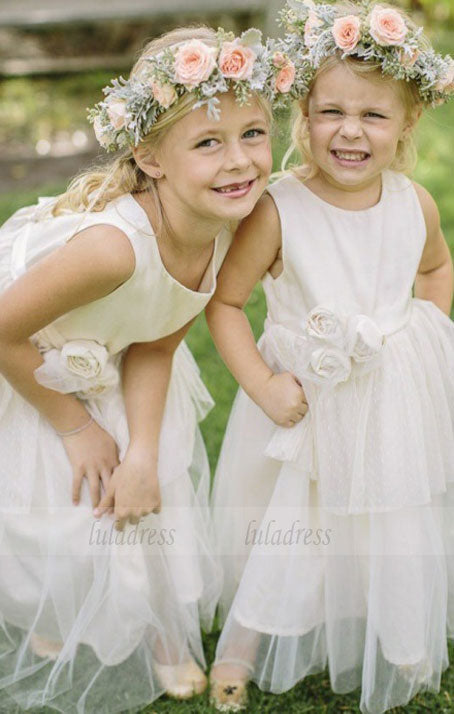 A-Line Square White Tulle Flower Girl Dress with Sash Appliques Lace