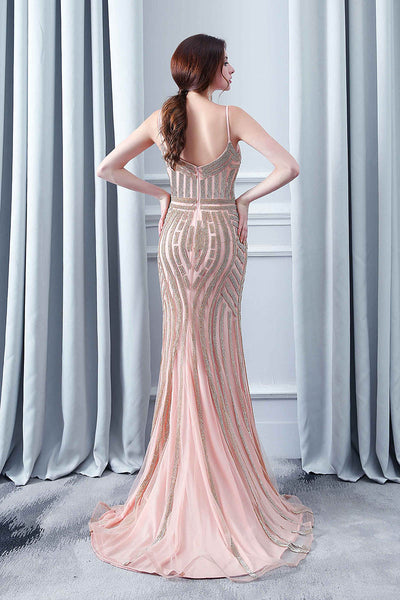 Rose Pink Beaded Formal Long Evening Dress Spaghetti Straps Prom Dress, BS10