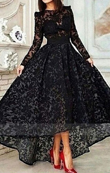 Vintage Asymmetrical Long Sleeve Black Ball Gown High Low Lace Prom/Evening Dress,BD99811