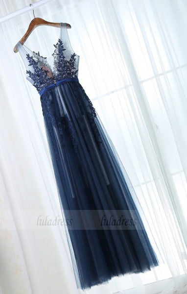 A-Line Scoop Floor-Length Navy Blue Tulle Prom Dress with Sash Appliques,BD98971