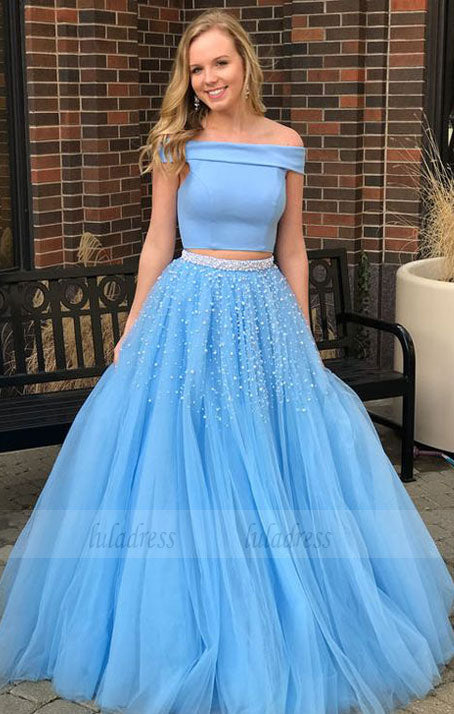 Two Piece Prom Dress Tulle Off The Shoulder Formal Gown With Beading,BD99881