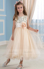 Girls' Gold Sequined Tulle Flower Girl Dress for Wedding Party