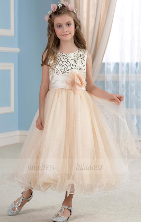 Girls' Gold Sequined Tulle Flower Girl Dress for Wedding Party
