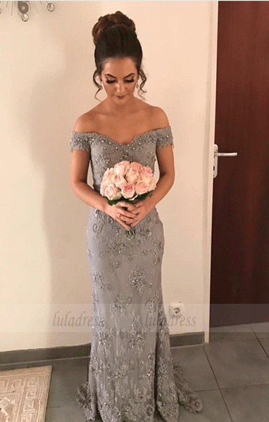 Elegant Beaded V-neck Gray Lace Evening Dresses,Mermaid Prom Dress,BD99696