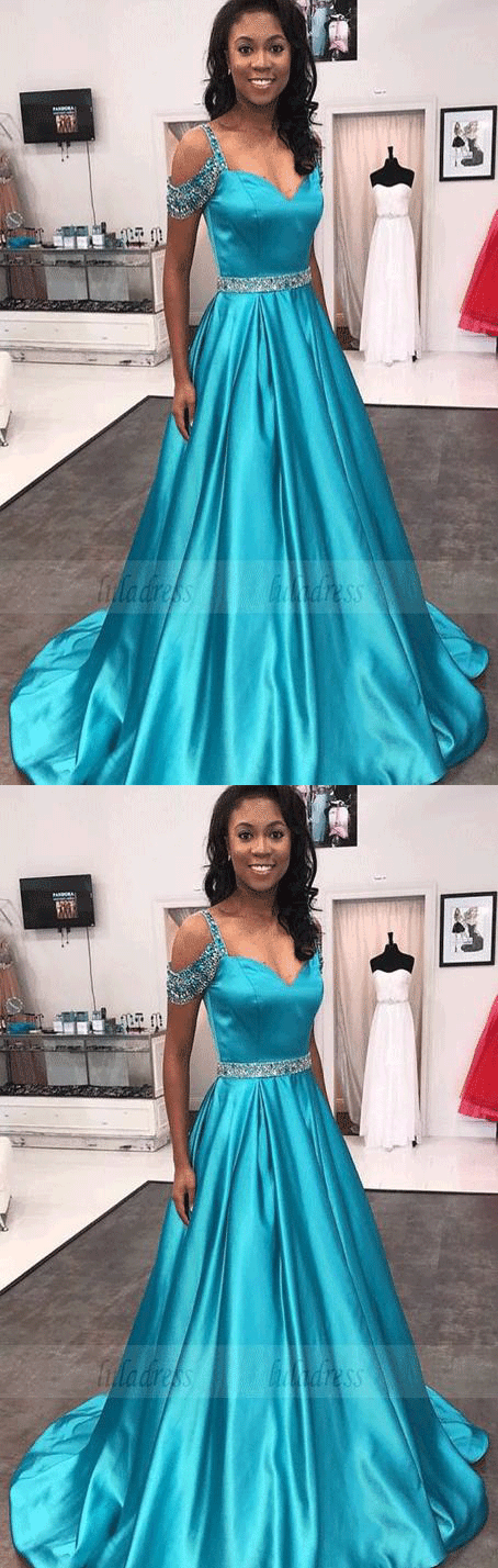 A Line Beaded Long Prom Dresses with Sweep Train