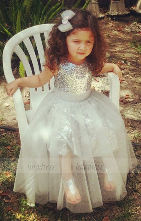 A-Line Jewel Tea-Length Silver Tulle Sequined Flower Girl Dress