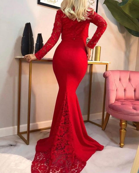 Elegant Mermaid Long Sleeves Red Prom Dress with Lace Online,PD21064