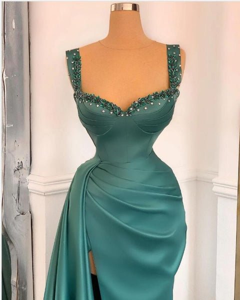Affordable Green Satin Slit Long Prom Dress,BD93045