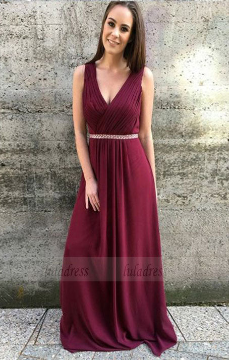 v neck long prom dresses, modest a line plunging evening dresses with pleats beading,BD98763