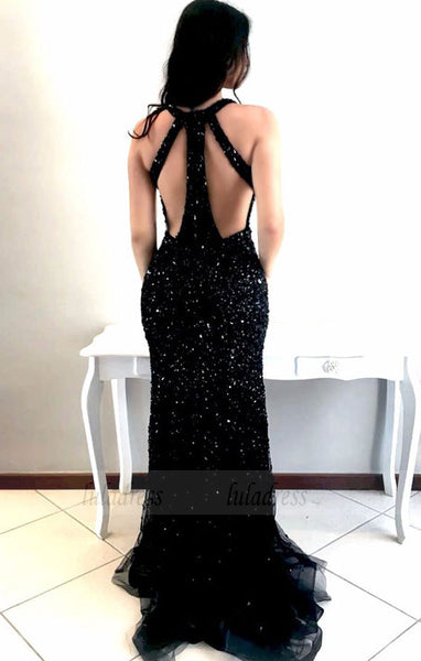 Sexy Black Mermaid Prom Dresses with Rhinestones,Deep V-neck Shine Beaded Long Pageant Dresses,BD98747