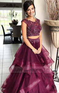 Elegant Beaded Tulle Two Piece Prom Dress, Floor Length Long Prom Dresses,BD99012