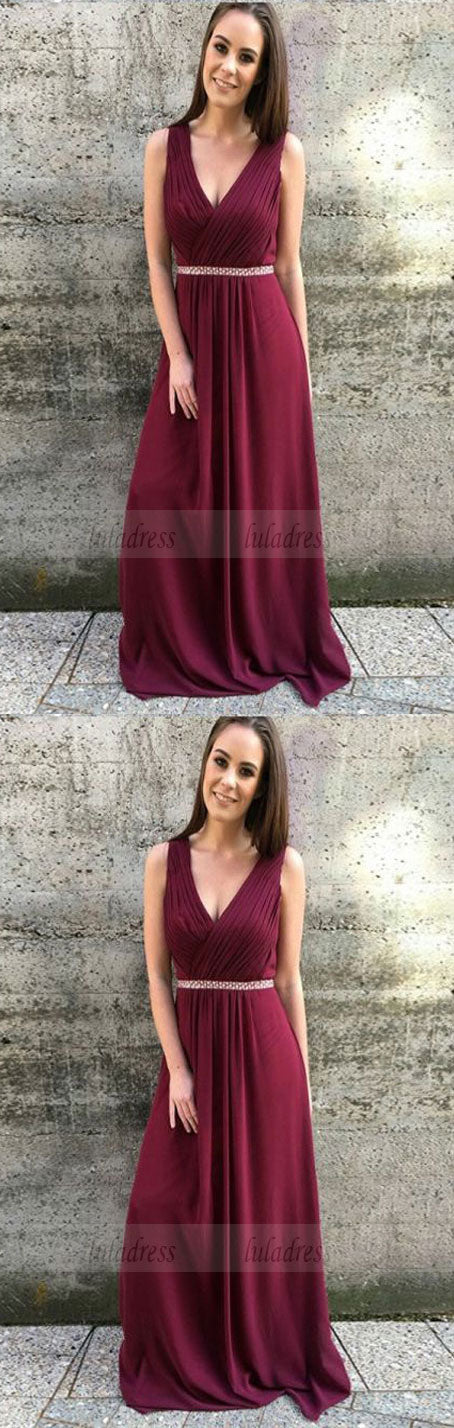 v neck long prom dresses, modest a line plunging evening dresses with pleats beading