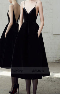 Spaghetti Straps Tea Length Black Backless Prom Dress Homecoming Dresses