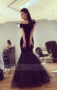 Sexy Off The Shoulder Black Tulle Mermaid Evening Dresses Prom Gowns,BD98038