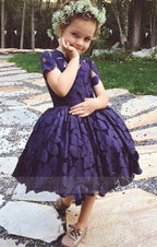 Newest Short Sleeve Knee-Length Lace Jewel Flower Girl Dress