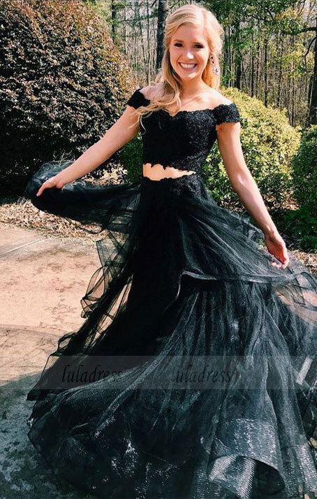 two piece off the shoulder black long prom dress party dress, princess party dress evening dress,BD98741