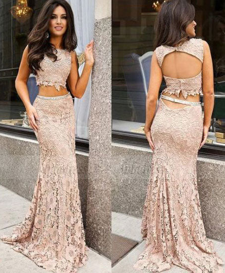 two piece lace prom dresses, open back mermaid prom dresses,BD98719