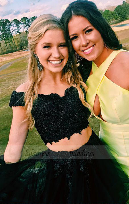 black two piece off the shoulder prom dress Zapaka Women Prom Dress Black Off The Shoulder Tiered A-Line Evening Dress, Black / US14