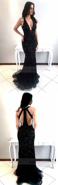 Sexy Black Mermaid Prom Dresses with Rhinestones,Deep V-neck Shine Beaded Long Pageant Dresses,BD98747