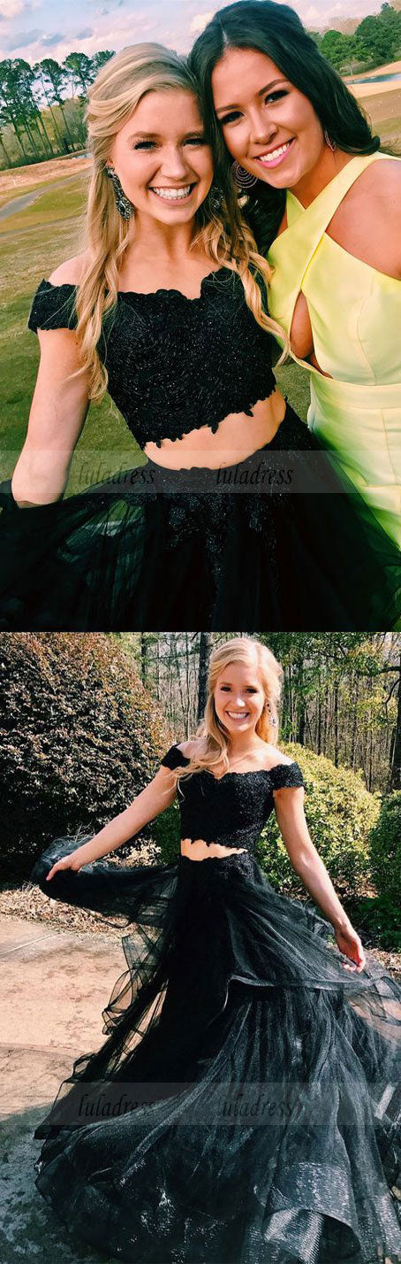 two piece off the shoulder black long prom dress party dress, princess party dress evening dress