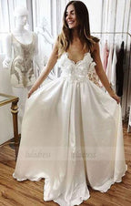 Charming A-Line V-Neck White Lace Long Prom/Evening/Wedding Dress