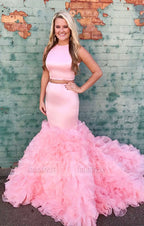 pink mermaid prom dress,two piece prom dress,2 piece prom dress,ruffle gowns,prom dresses