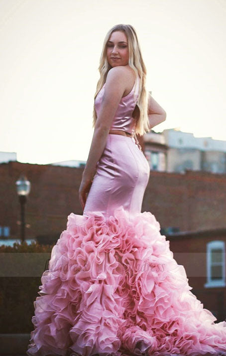 pink mermaid prom dress,two piece prom dress,2 piece prom dress,ruffle gowns,prom dresses