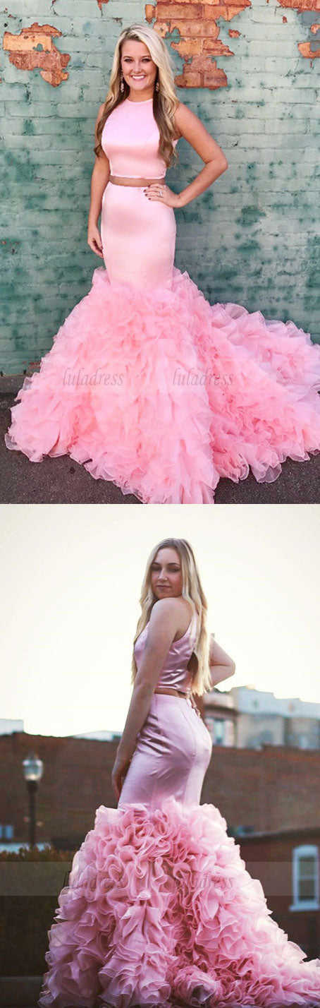 pink mermaid prom dress,two piece prom dress,2 piece prom dress,ruffle gowns,prom dresses