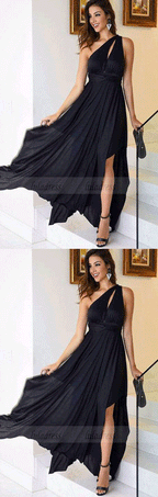 Simple one shoulder chiffon long prom dress, black evening dress